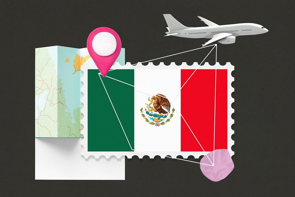 Mexico travel, stamp tourism collage illustration