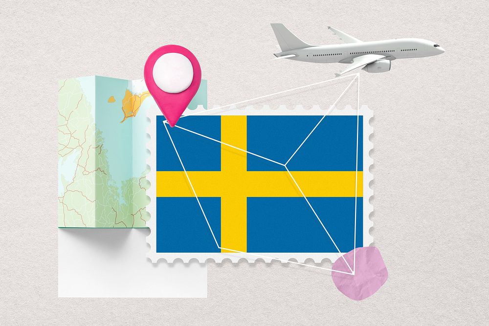 Sweden travel, stamp tourism collage illustration