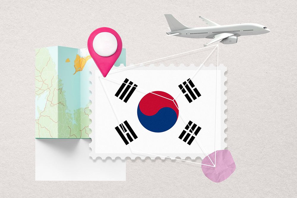 South Korea travel, stamp tourism collage illustration