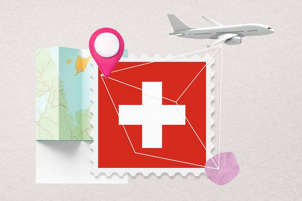 Switzerland travel, stamp tourism collage illustration