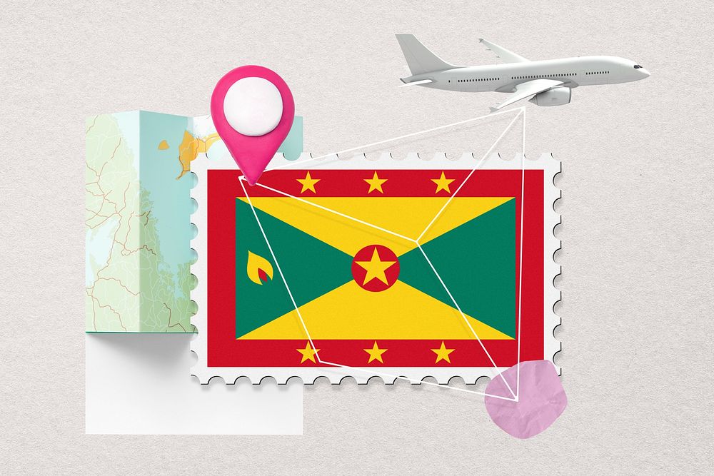 Grenada travel, stamp tourism collage illustration