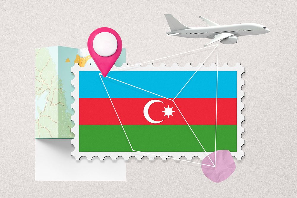 Azerbaijan travel, stamp tourism collage illustration