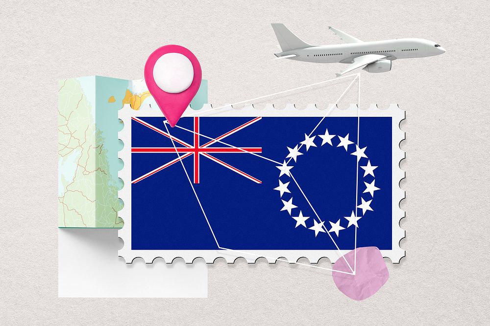 Cook island travel, stamp tourism collage illustration