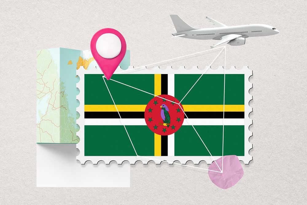 Dominica travel, stamp tourism collage illustration