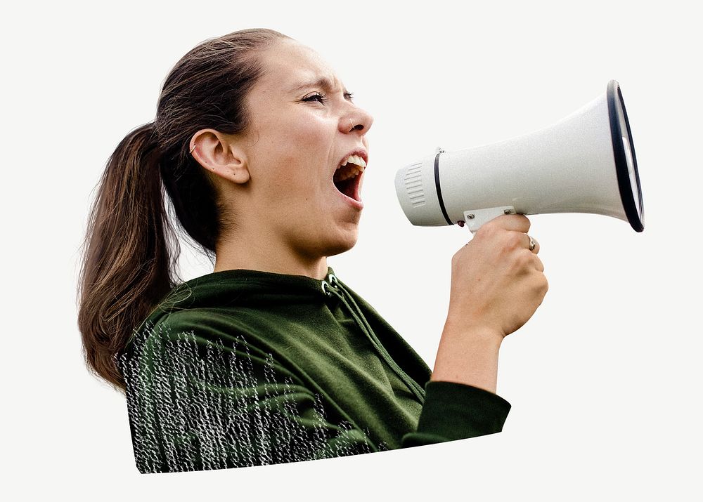 Feminist shouting into megaphone collage element psd