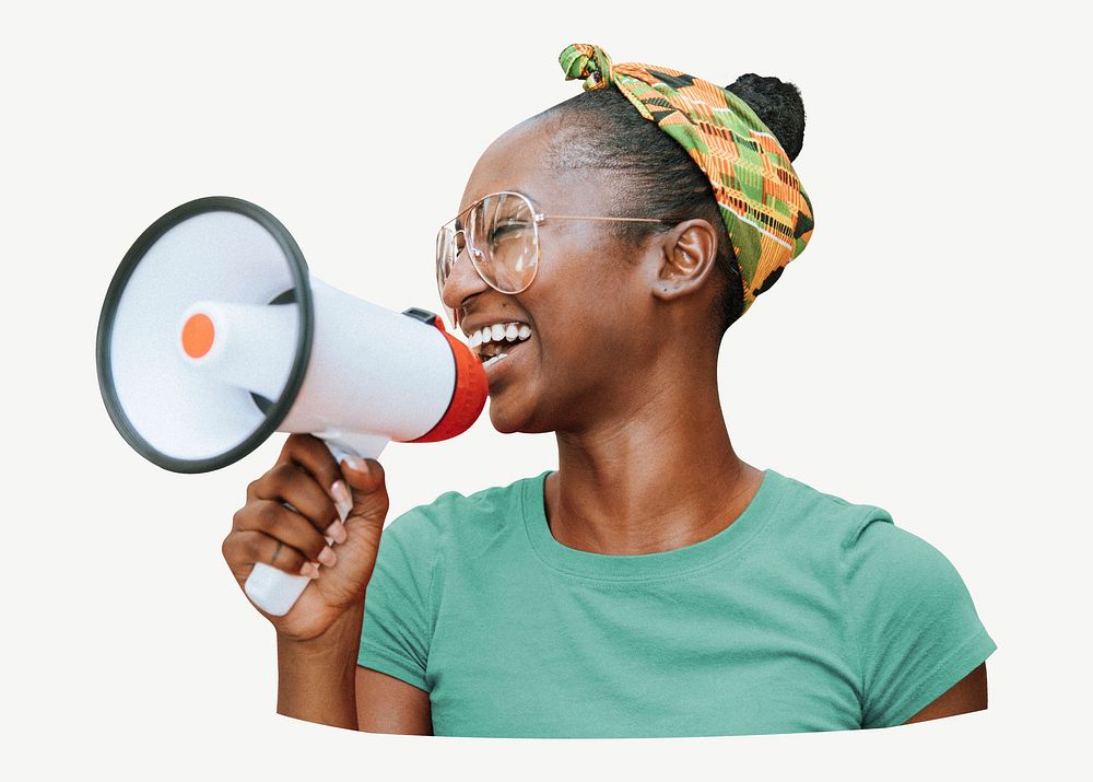 Happy black woman with megaphone collage element psd