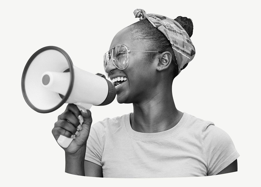 Black woman with megaphone in black & white collage element psd