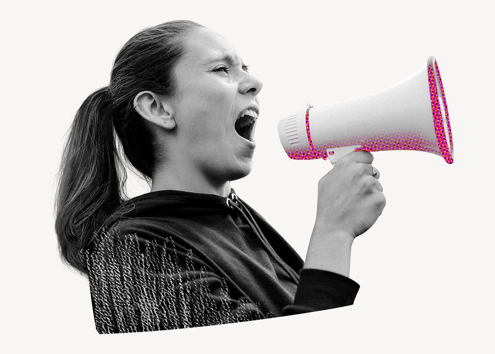 Feminist protesting with pink megaphone