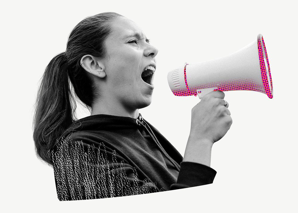 Feminist protesting pink megaphone collage element psd