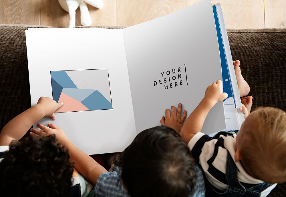 Toddlers reading a book mockup