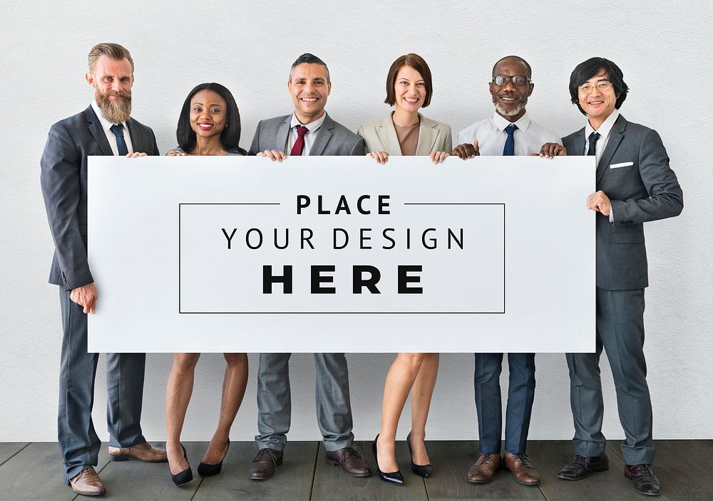 Diverse business people holding a board mockup
