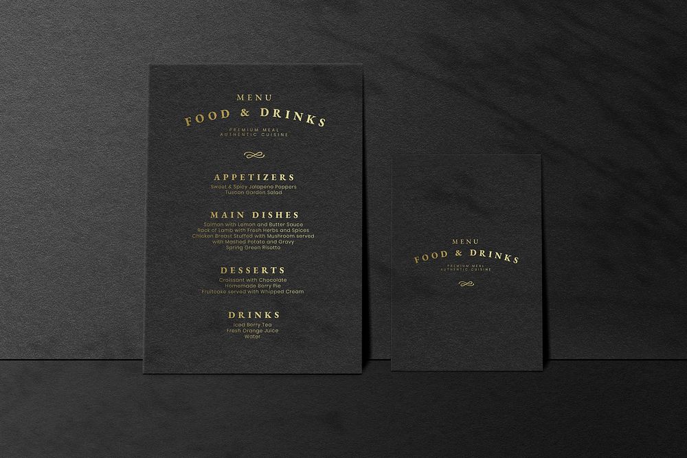 Menu card psd mockup ad in black luxury style for restaurants