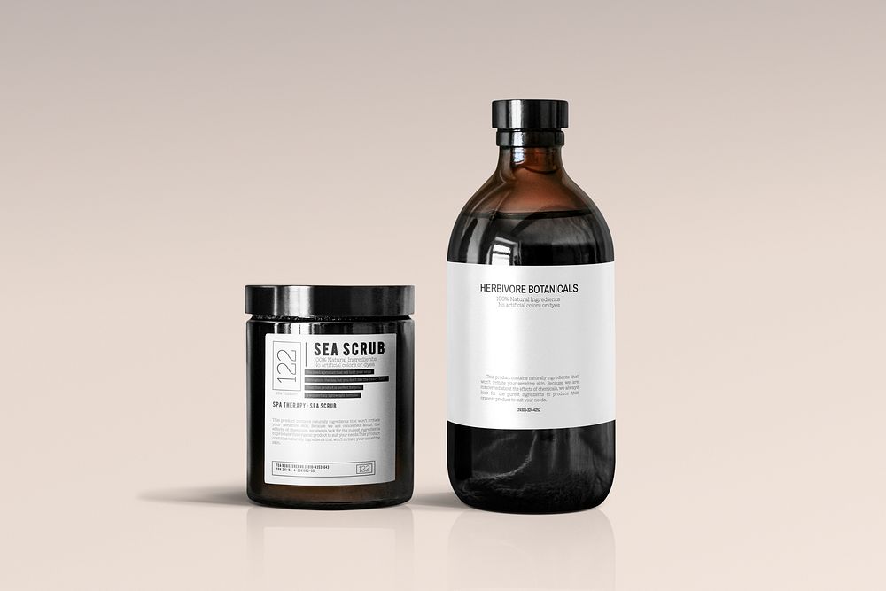 Jar & bottle mockup, brown glass spa & beauty product packaging psd