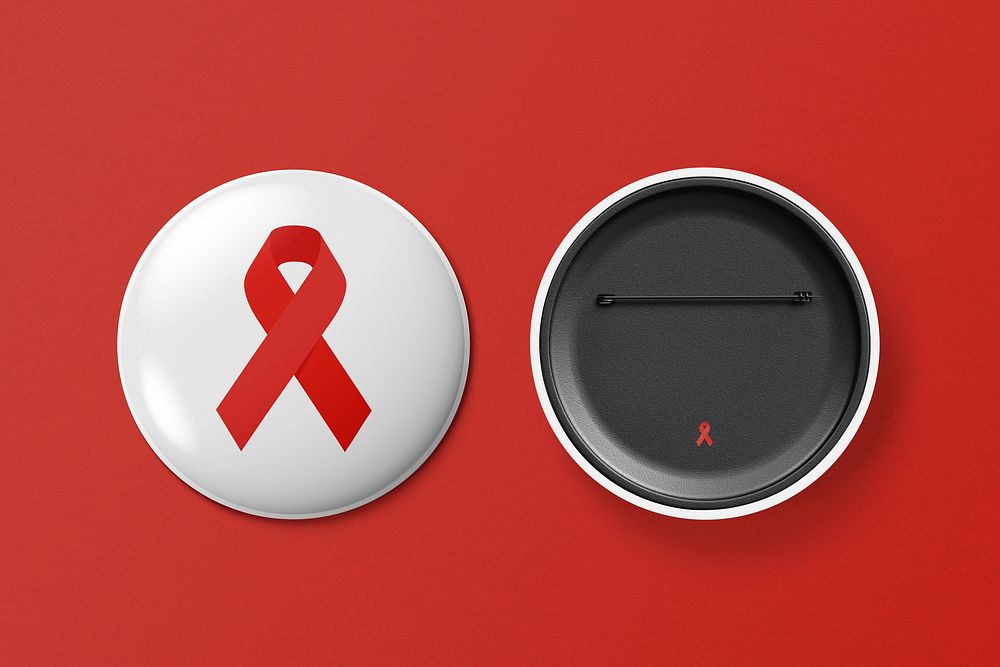 Pin badge mockup, HIV awareness with red ribbon psd