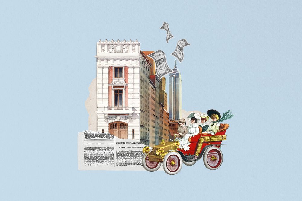 Victorian women driving, vintage building. Remixed by rawpixel.