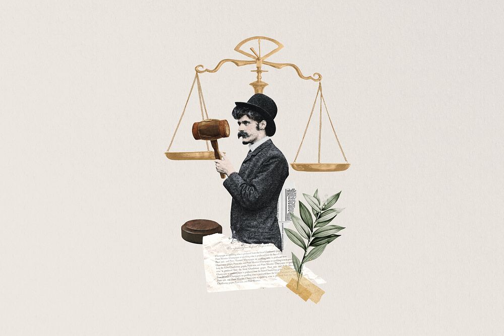 Man holding gavel, justice scale. Remixed by rawpixel.