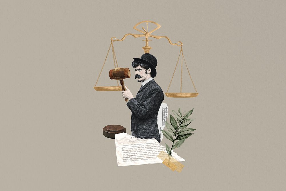 Man holding gavel, justice scale. Remixed by rawpixel.