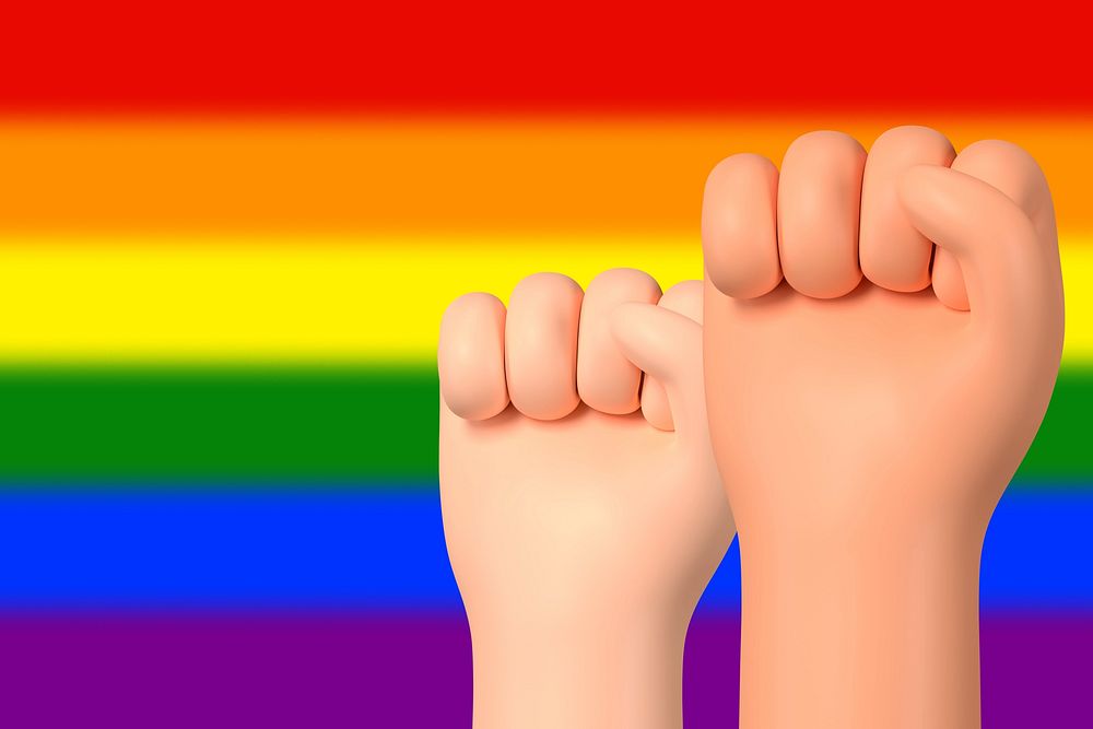 LGBTQ pride flag background, 3D raised fists illustration