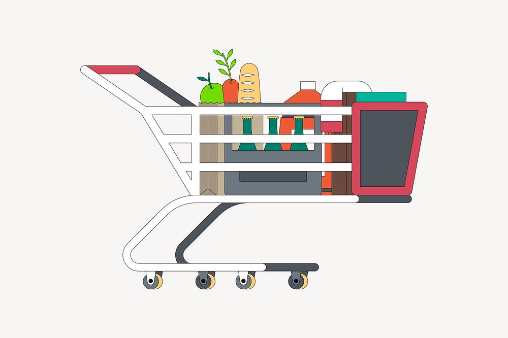 Full grocery cart illustration collage element vector