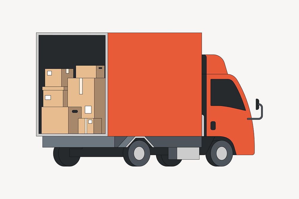 Orange moving truck, flat collage element vector