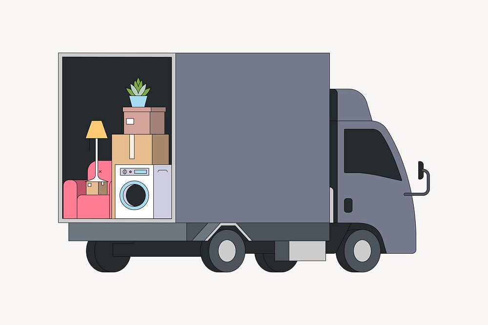 Gray moving truck, flat collage element vector
