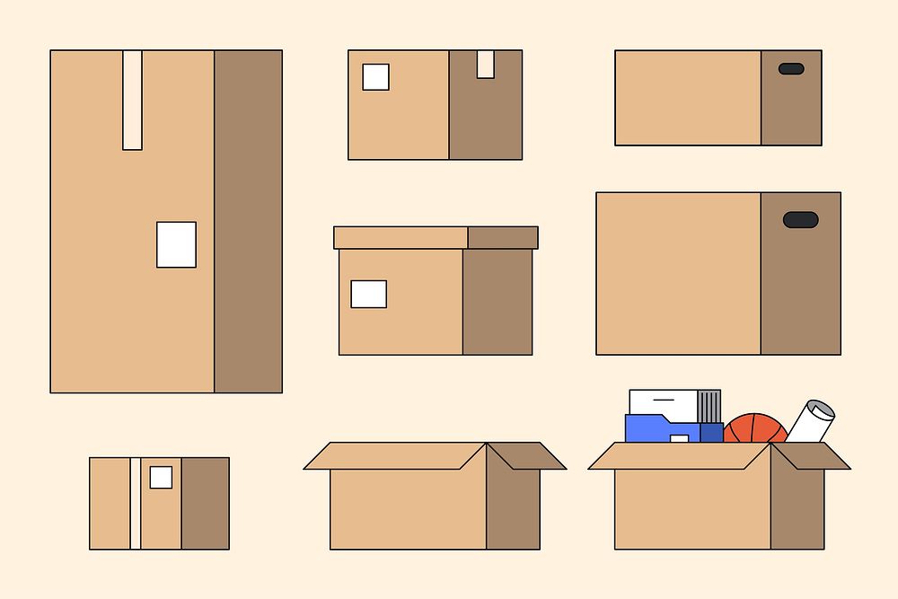 Cardboard moving boxes, flat graphic set vector