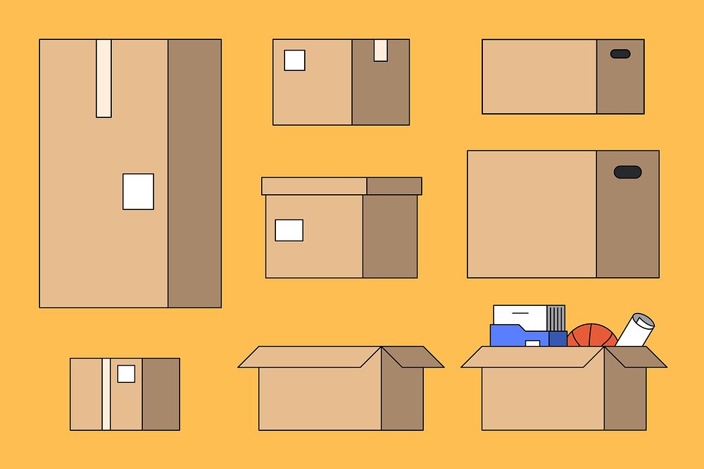 Cardboard moving boxes, flat graphic set vector