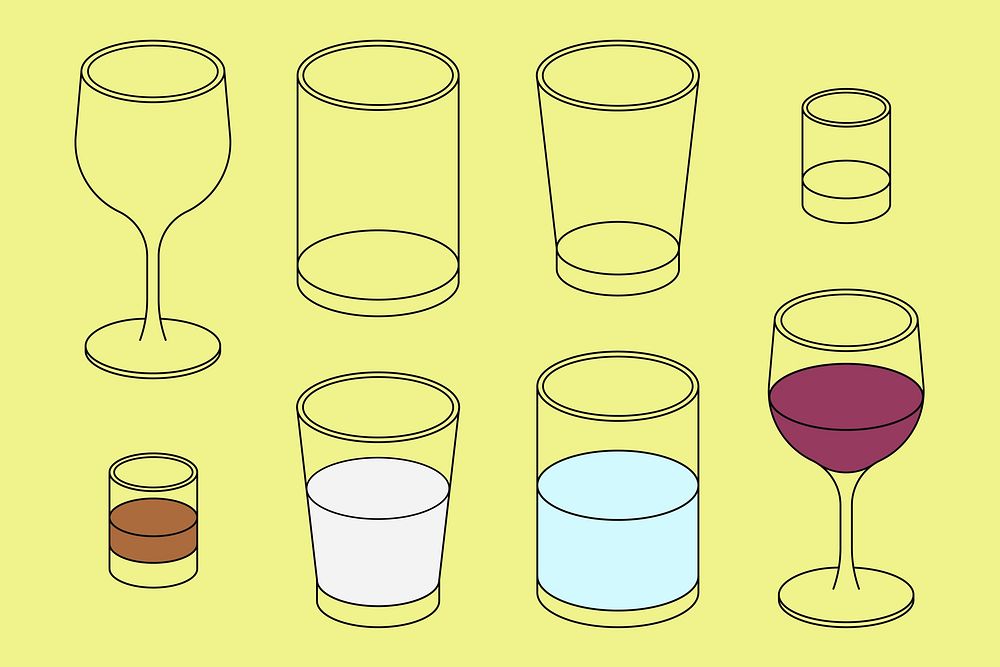 Empty glasses, flat graphic set vector