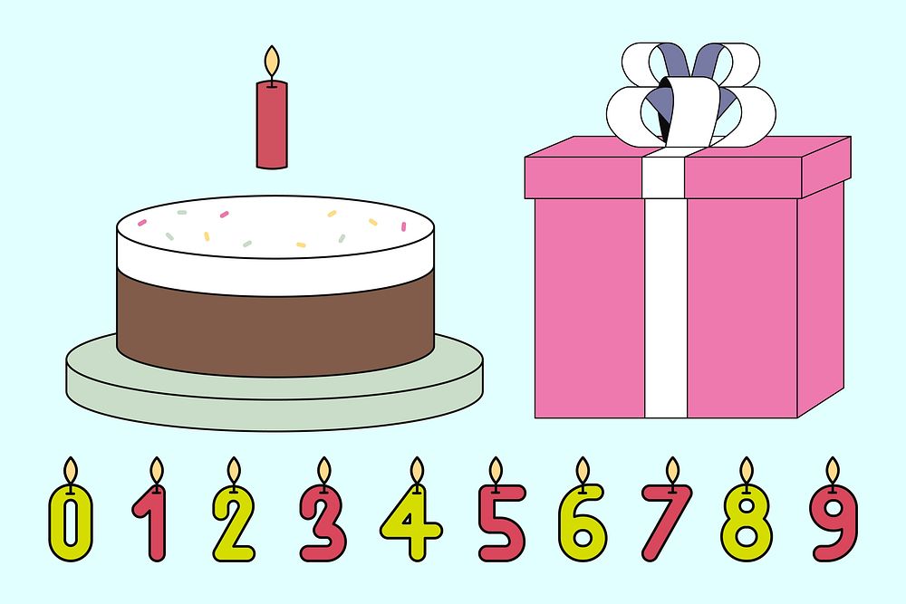 Birthday cake & candles, flat graphic set vector