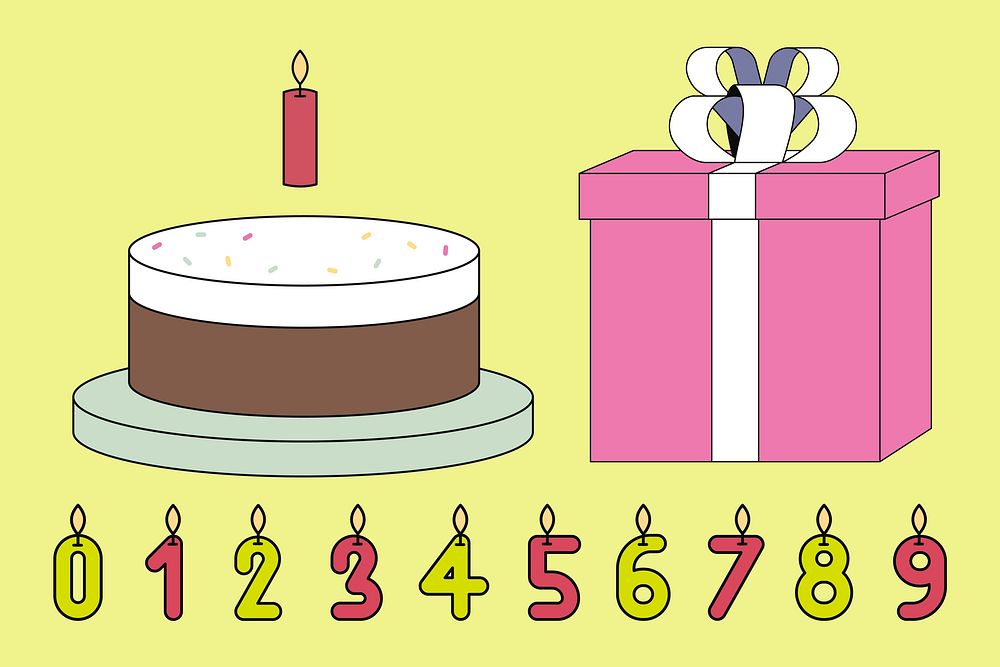Birthday cake & candles, flat graphic set vector