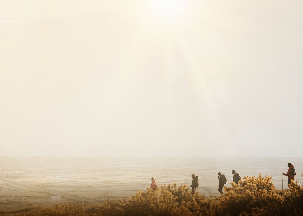 People hiking border background, nature travel image