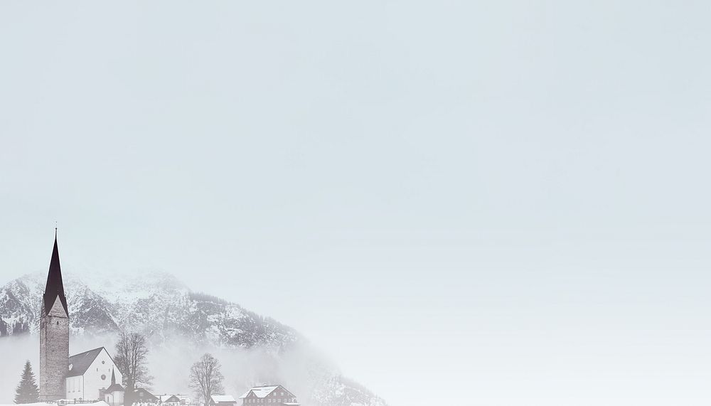 Countryside church background, snowing mountain