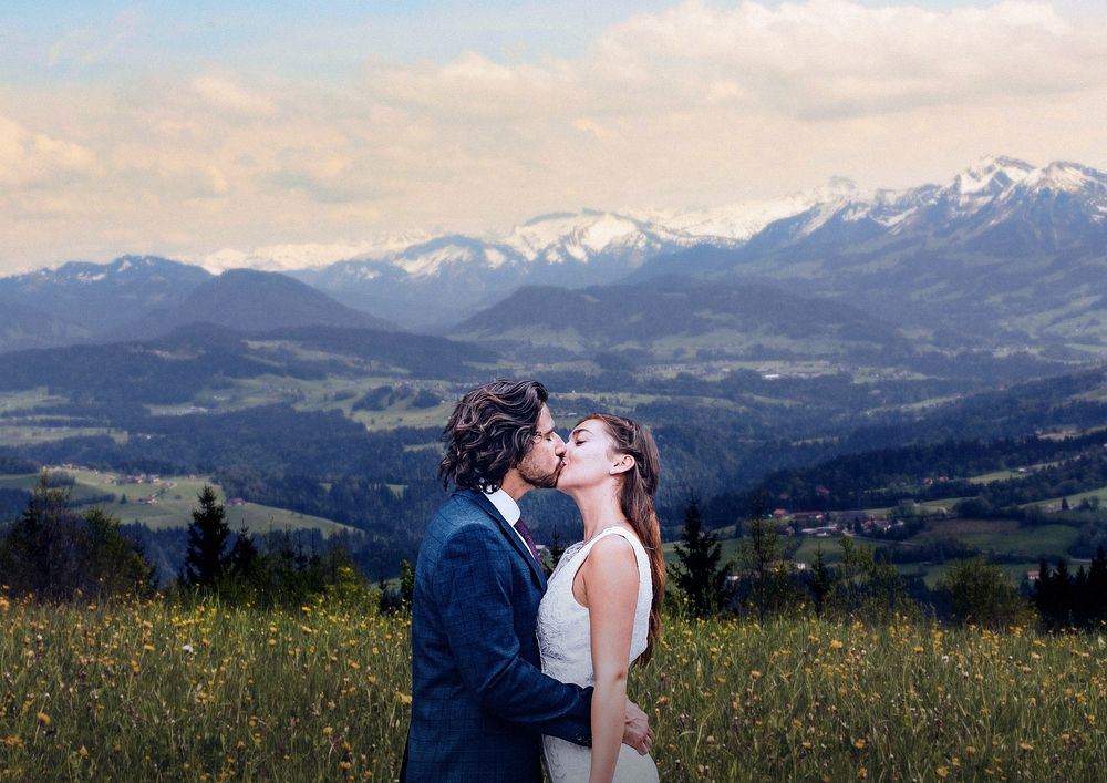 Groom & bride kissing, wedding and nature image