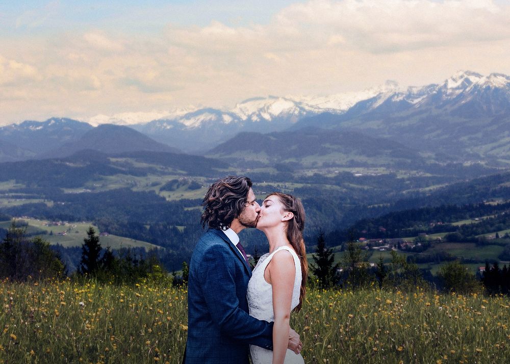 Groom & bride kissing, wedding and nature image