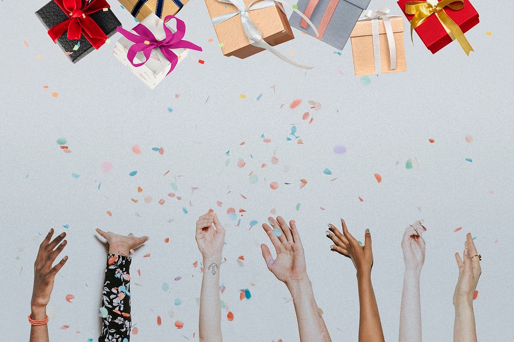 Diverse cheering hands background, thrown gift boxes