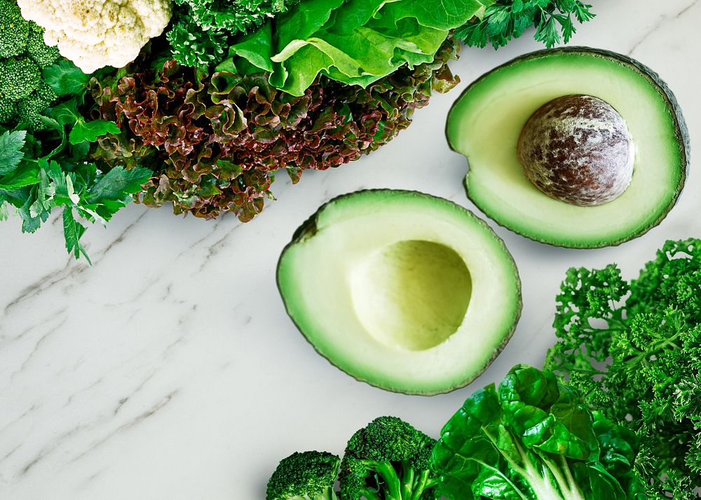 Avocado & vegetables background, healthy food image