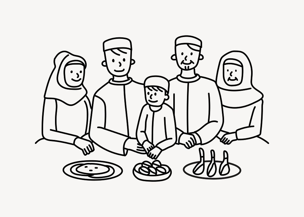 Muslim family having meal doodle collage element vector