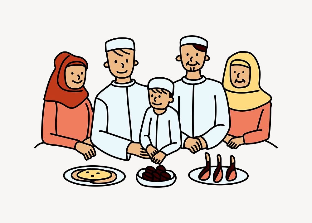 Muslim family having meal doodle collage element vector