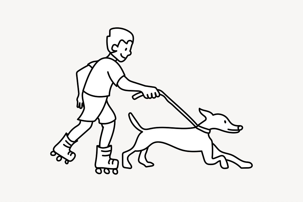 Boy walking dog in roller skates doodle collage element vector