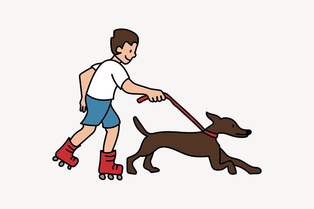 Boy walking dog in roller skates doodle