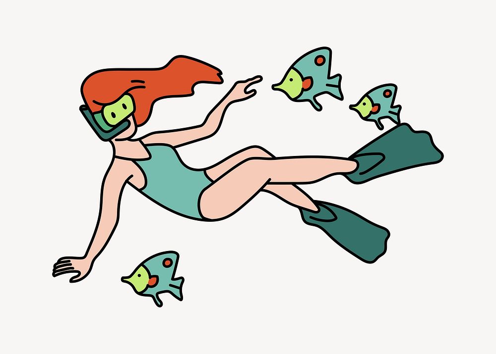 Woman snorkeling with fish doodle