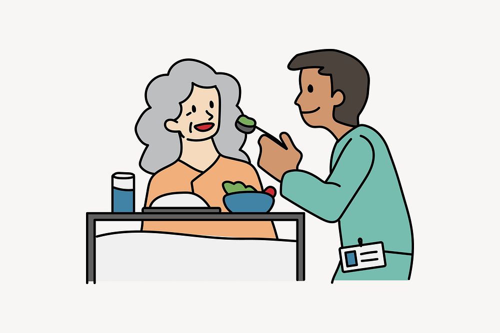 Male nurse feeding elderly patient doodle collage element vector