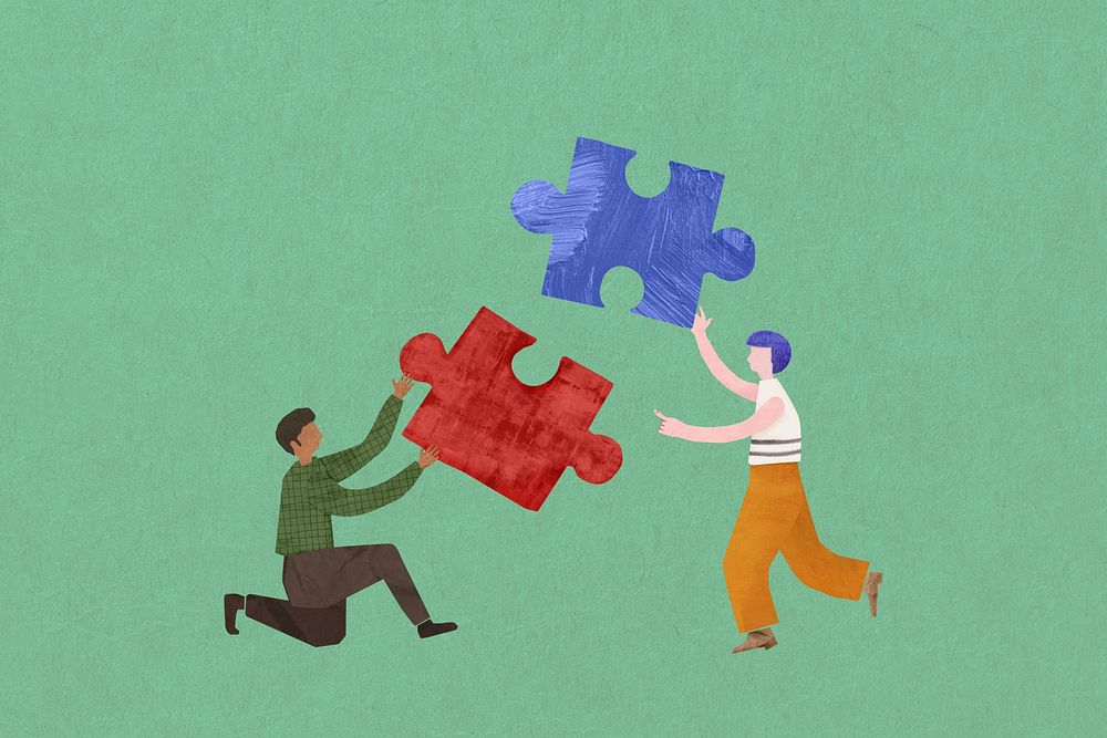 People holding puzzle, teamwork paper craft collage