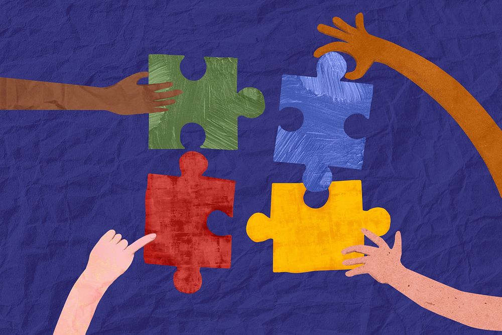 People holding puzzle, teamwork paper craft collage