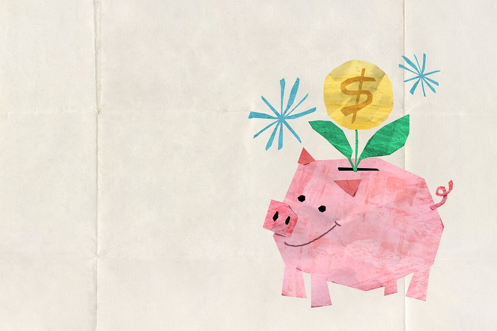 Paper piggy bank background, money saving collage