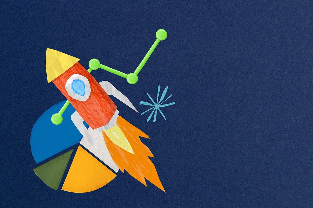 Launching rocket, startup business paper collage art