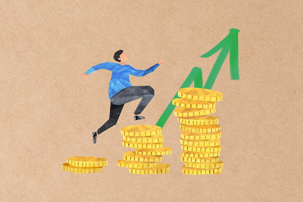 Man running forward, stacked coins paper craft