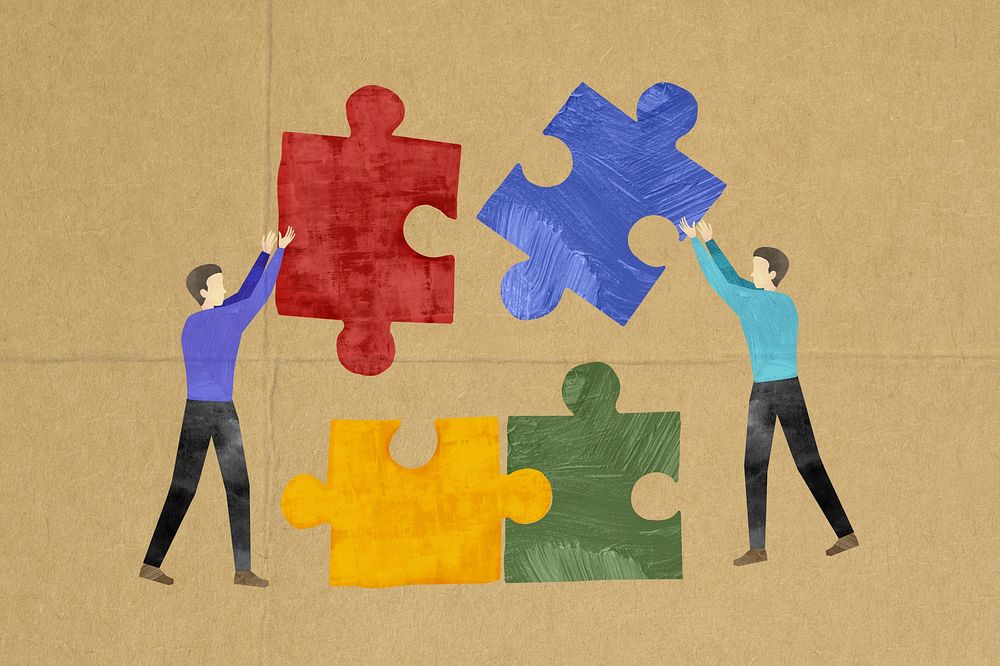 People holding puzzle, teamwork paper craft collage