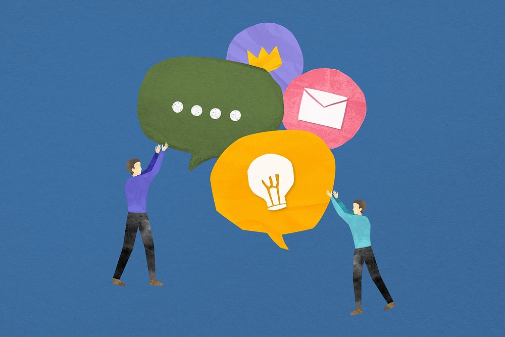 Online communication icons, paper speech bubble collage