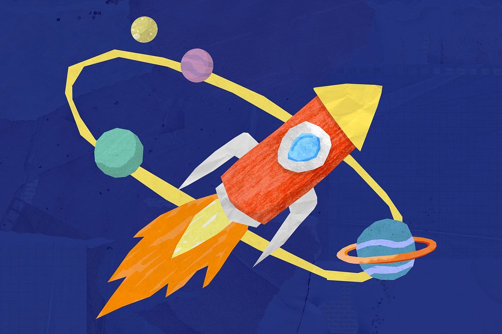 Launching rocket, aesthetic galaxy paper craft collage